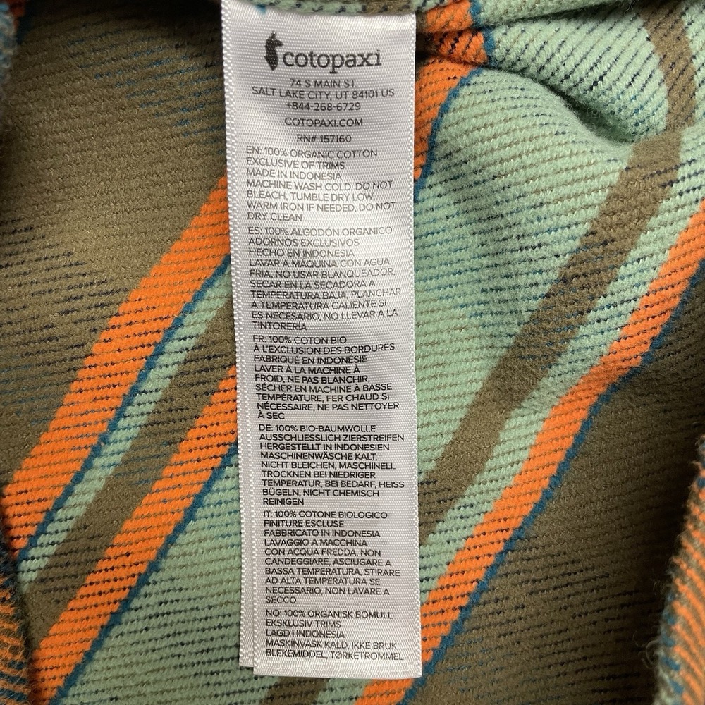 Cotopaxi Flannel Mens M Orange Blue Green Plaid Mero Button Up Organic Cotton - Picture 4 of 7